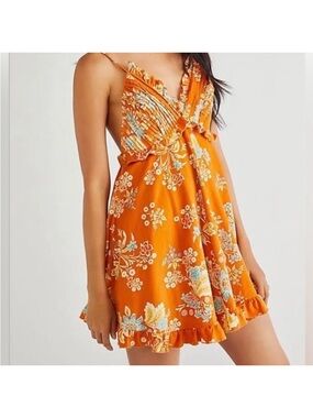 Free People Cord Looking Glass Mini Orange Ruffle Mini Dress